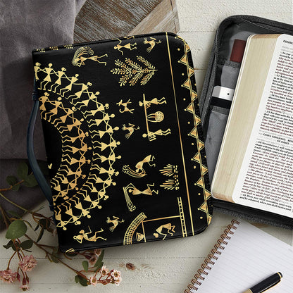 Black And Gold Warli Tribal Print Leather Bible Cover