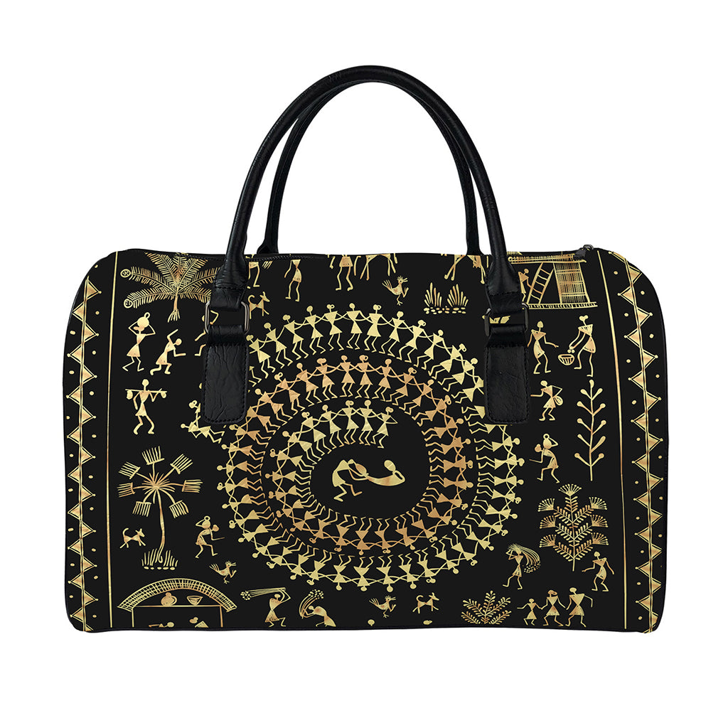 Black And Gold Warli Tribal Print Leather Duffle Bag