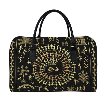 Black And Gold Warli Tribal Print Leather Duffle Bag