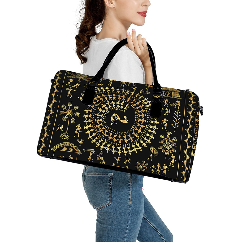 Black And Gold Warli Tribal Print Leather Duffle Bag