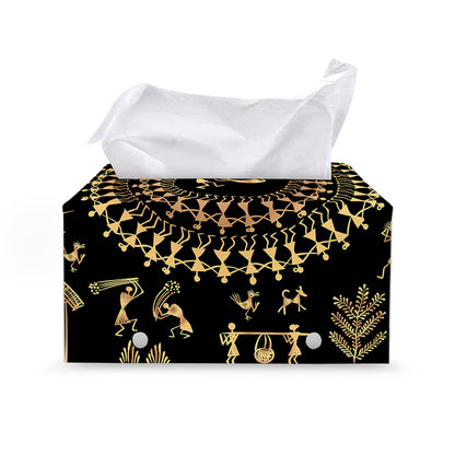 Black And Gold Warli Tribal Print Leather Tissue Box Cover