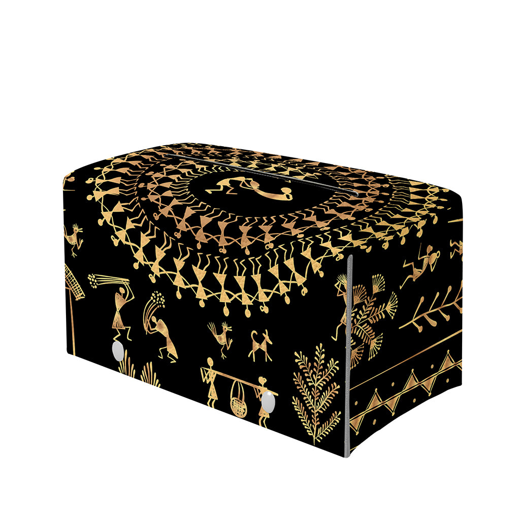 Black And Gold Warli Tribal Print Leather Tissue Box Cover