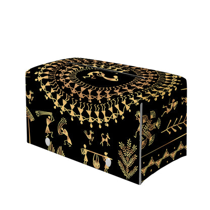 Black And Gold Warli Tribal Print Leather Tissue Box Cover