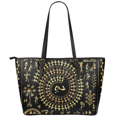 Black And Gold Warli Tribal Print Leather Tote Bag