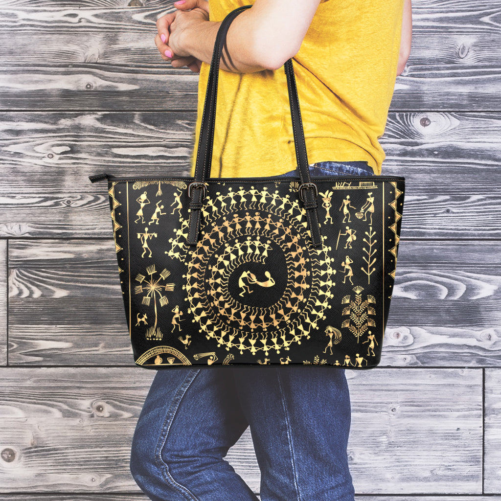 Black And Gold Warli Tribal Print Leather Tote Bag