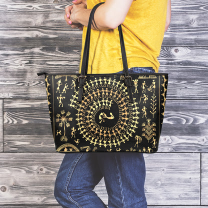Black And Gold Warli Tribal Print Leather Tote Bag