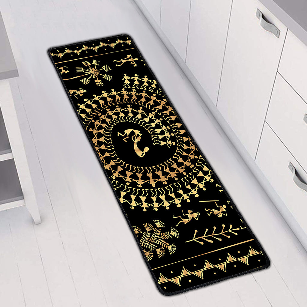 Black And Gold Warli Tribal Print Long Kitchen Mat