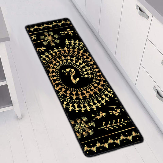 Black And Gold Warli Tribal Print Long Kitchen Mat