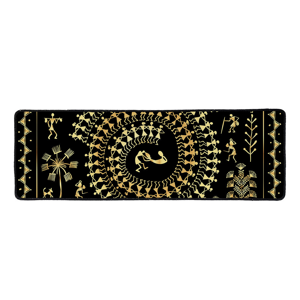 Black And Gold Warli Tribal Print Long Kitchen Mat