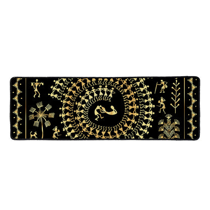 Black And Gold Warli Tribal Print Long Kitchen Mat