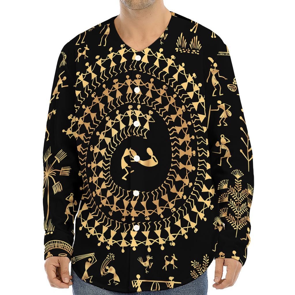 Black And Gold Warli Tribal Print Long Sleeve Baseball Jersey