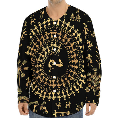 Black And Gold Warli Tribal Print Long Sleeve Baseball Jersey