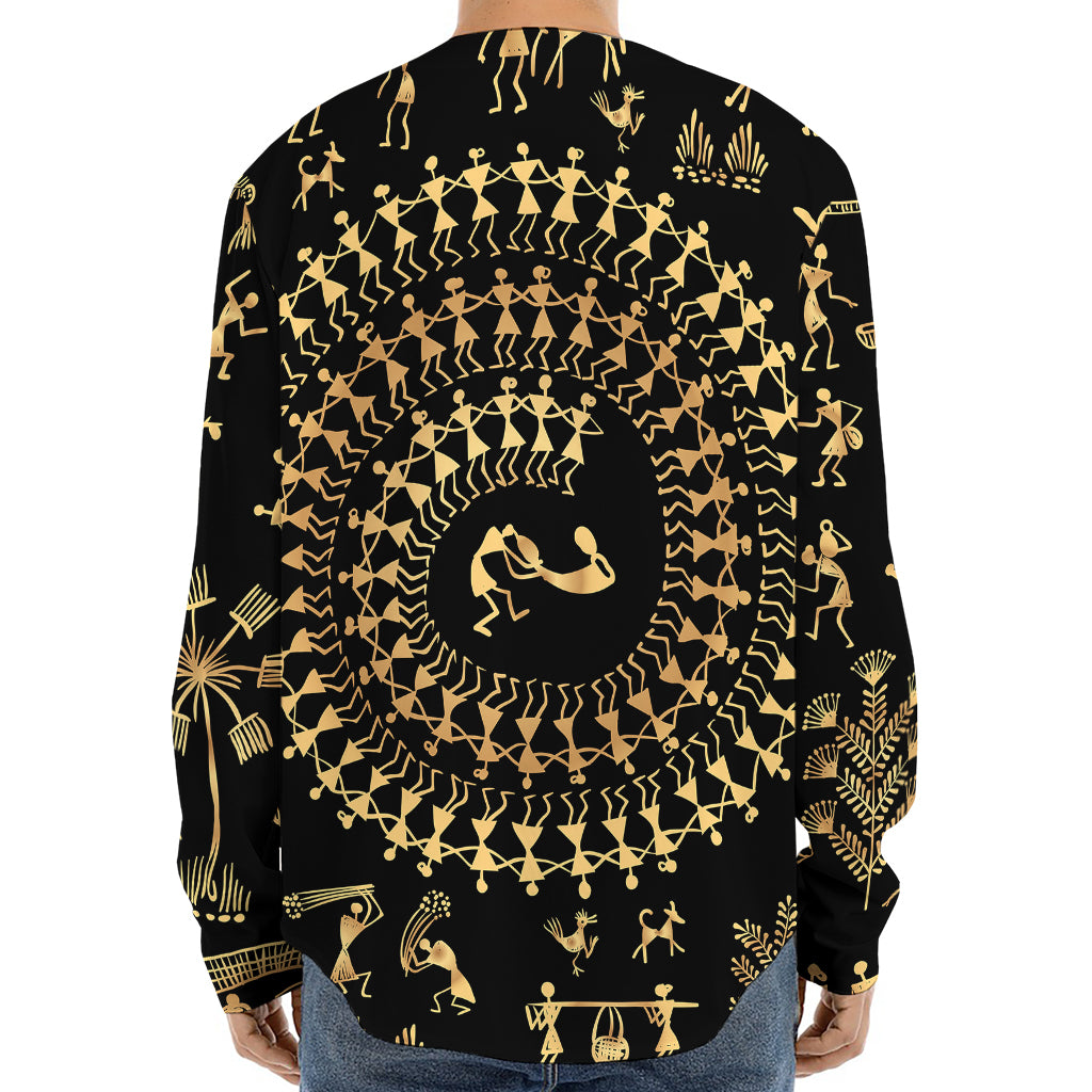 Black And Gold Warli Tribal Print Long Sleeve Baseball Jersey