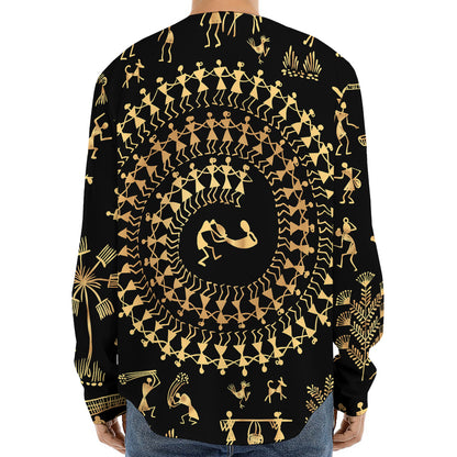 Black And Gold Warli Tribal Print Long Sleeve Baseball Jersey