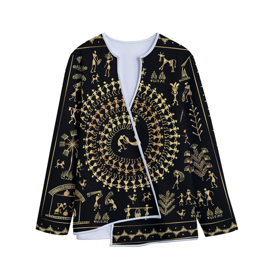 Black And Gold Warli Tribal Print Long Sleeve Short Coat