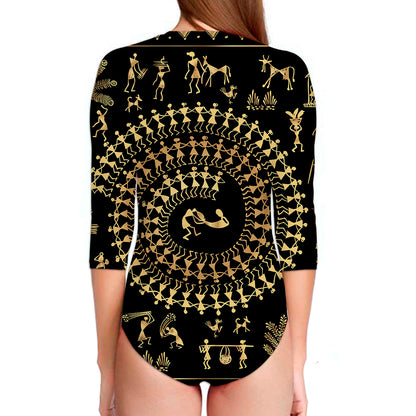 Black And Gold Warli Tribal Print Long Sleeve Swimsuit