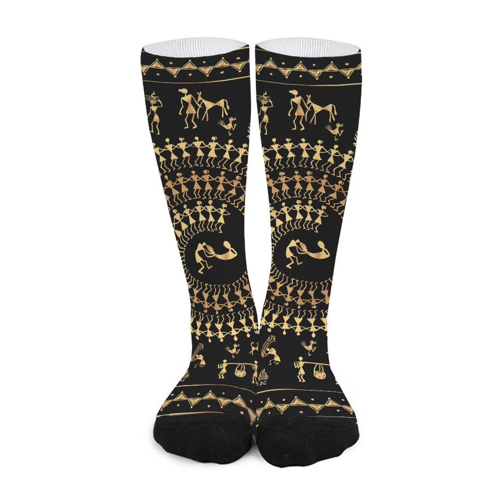 Black And Gold Warli Tribal Print Long Socks