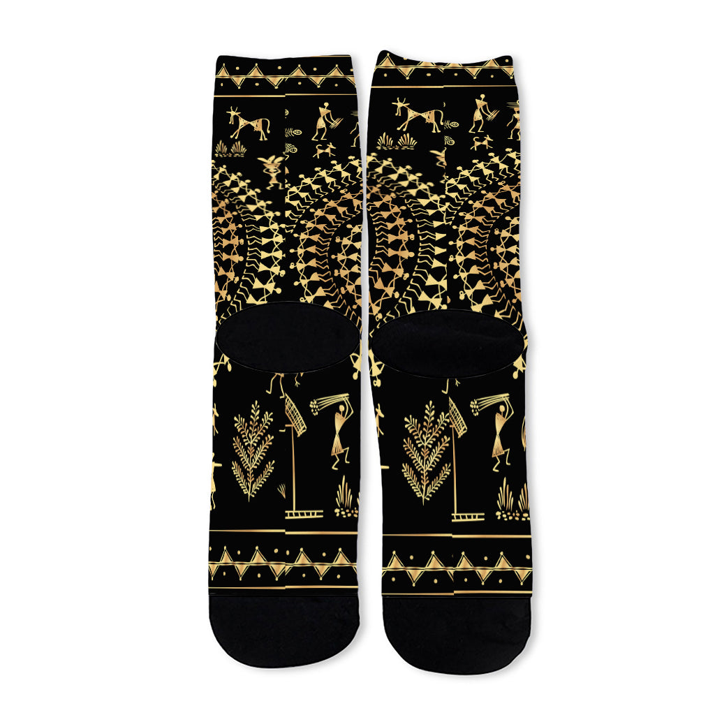 Black And Gold Warli Tribal Print Long Socks