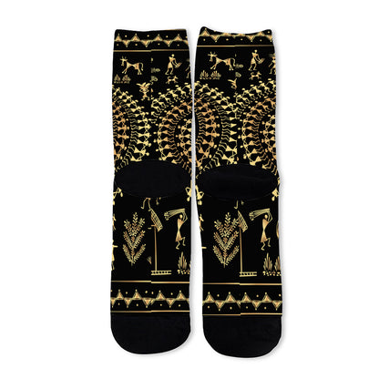 Black And Gold Warli Tribal Print Long Socks