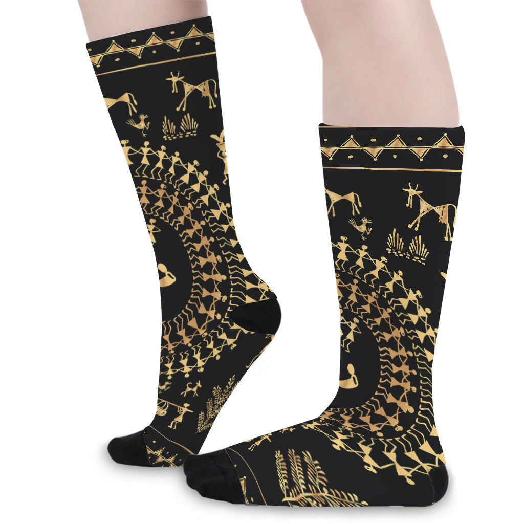 Black And Gold Warli Tribal Print Long Socks