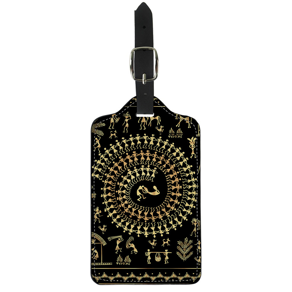Black And Gold Warli Tribal Print Luggage Tag