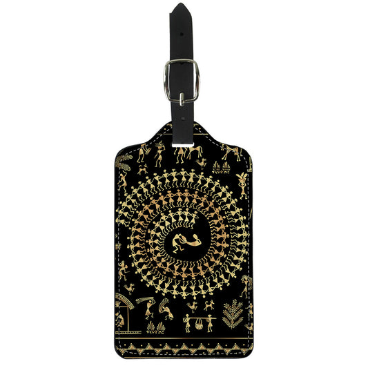 Black And Gold Warli Tribal Print Luggage Tag