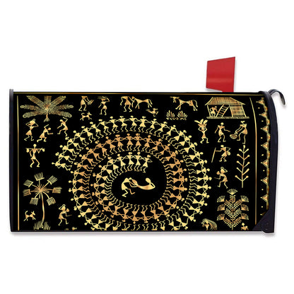 Black And Gold Warli Tribal Print Mailbox Cover