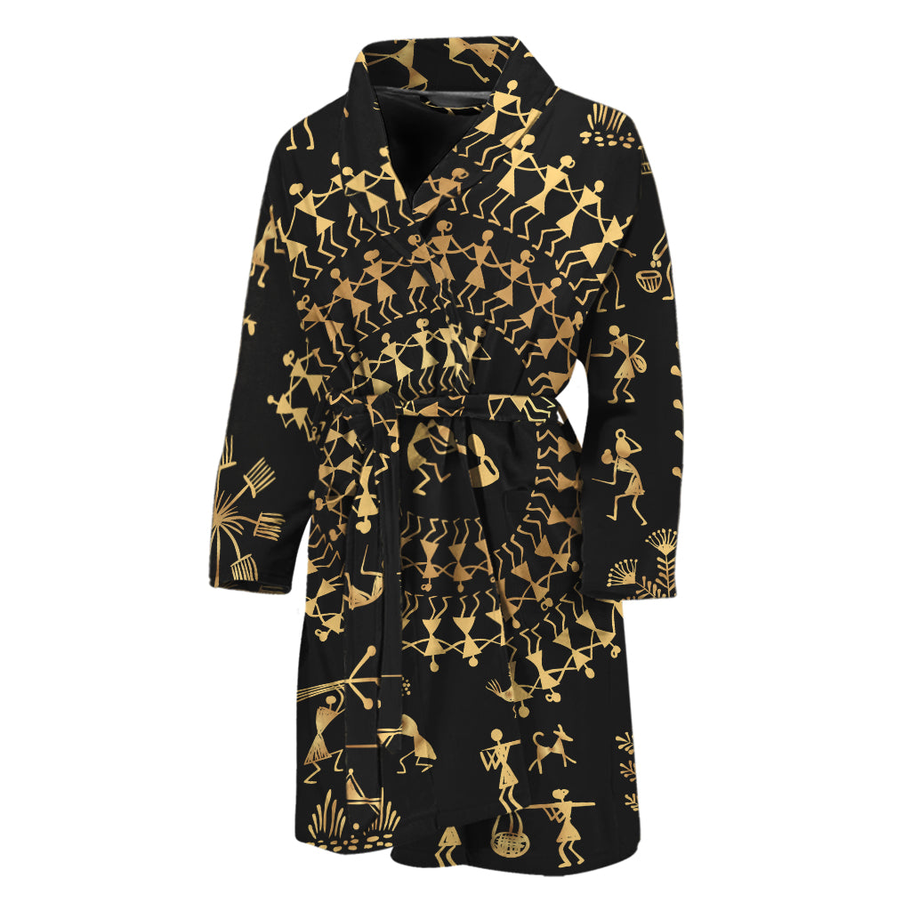 Black And Gold Warli Tribal Print Men's Bathrobe