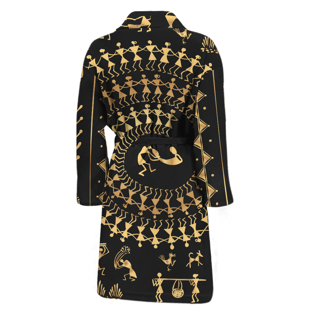 Black And Gold Warli Tribal Print Men's Bathrobe