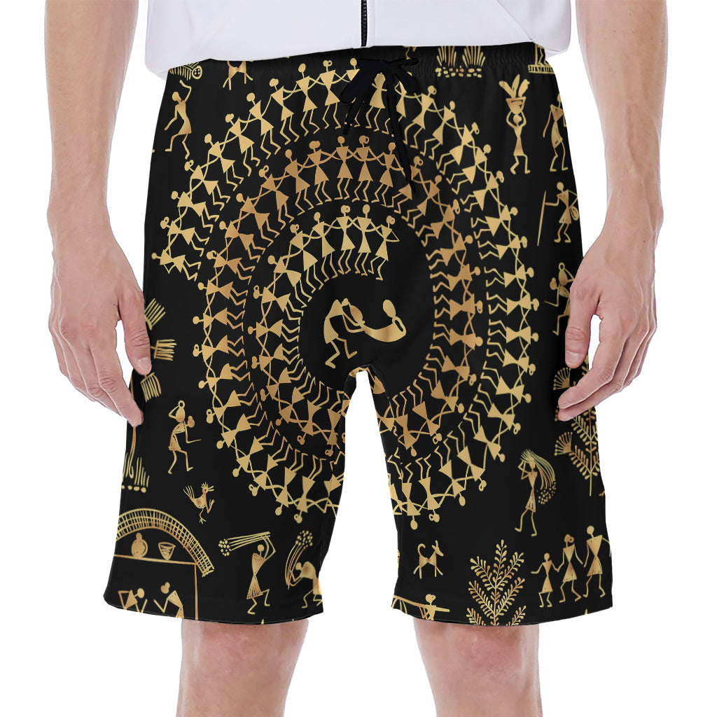 Black And Gold Warli Tribal Print Men's Beach Shorts