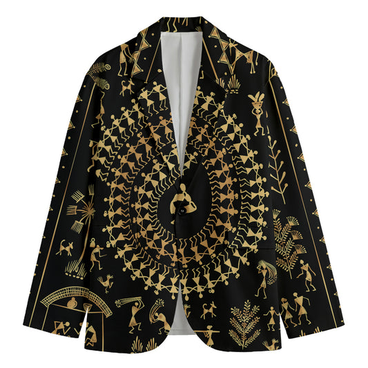 Black And Gold Warli Tribal Print Men's Blazer