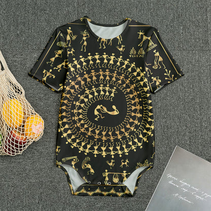 Black And Gold Warli Tribal Print Men's Bodysuit