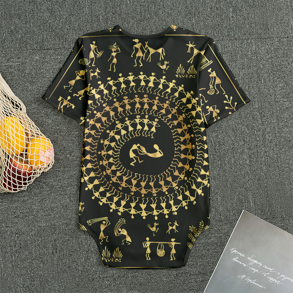 Black And Gold Warli Tribal Print Men's Bodysuit