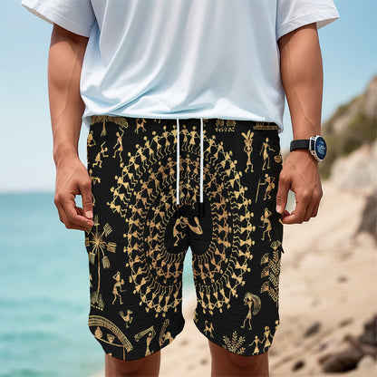Black And Gold Warli Tribal Print Men's Cargo Shorts