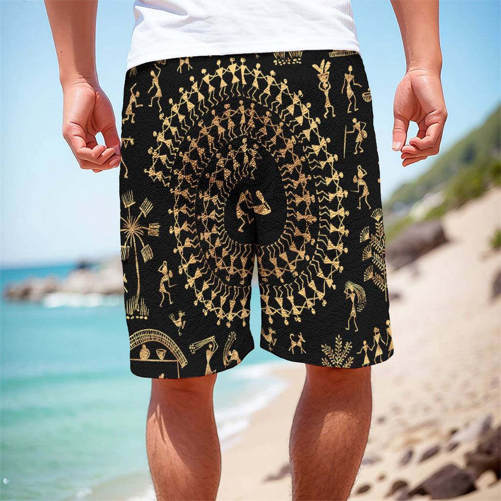 Black And Gold Warli Tribal Print Men's Cargo Shorts