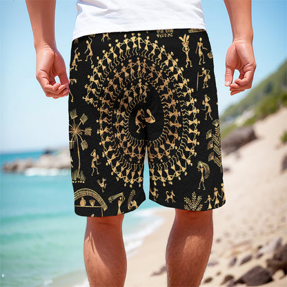 Black And Gold Warli Tribal Print Men's Cargo Shorts
