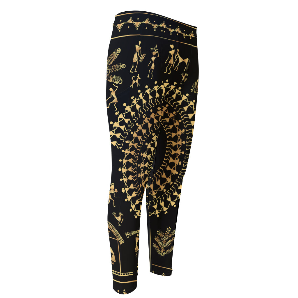 Black And Gold Warli Tribal Print Men's Compression Pants
