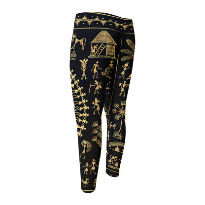 Black And Gold Warli Tribal Print Men's Compression Pants