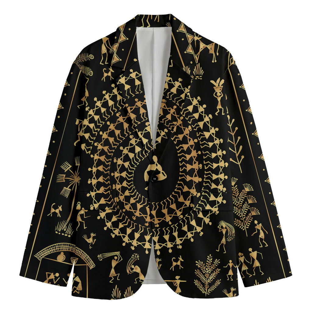 Black And Gold Warli Tribal Print Men's Cotton Blazer