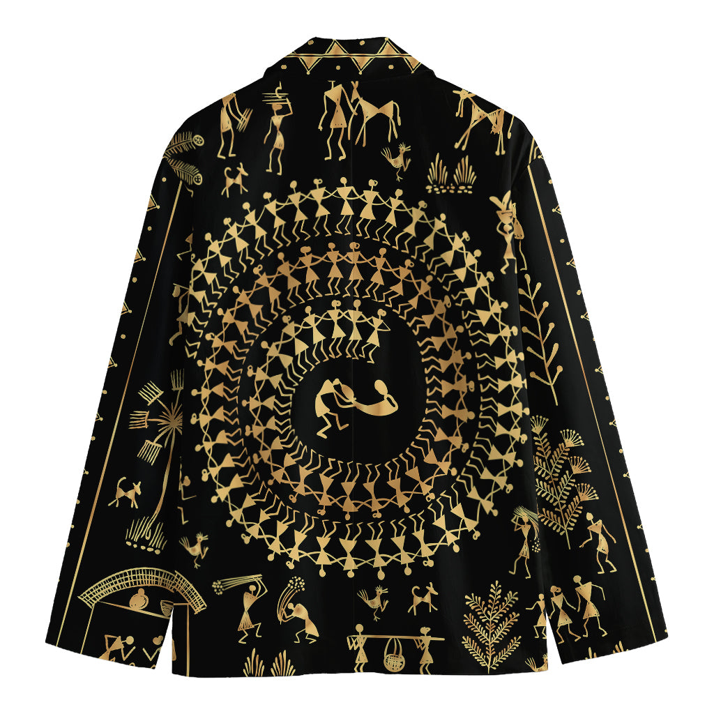 Black And Gold Warli Tribal Print Men's Cotton Blazer