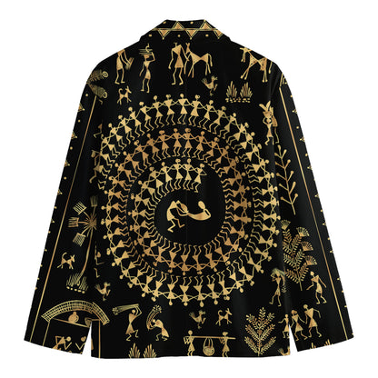 Black And Gold Warli Tribal Print Men's Cotton Blazer