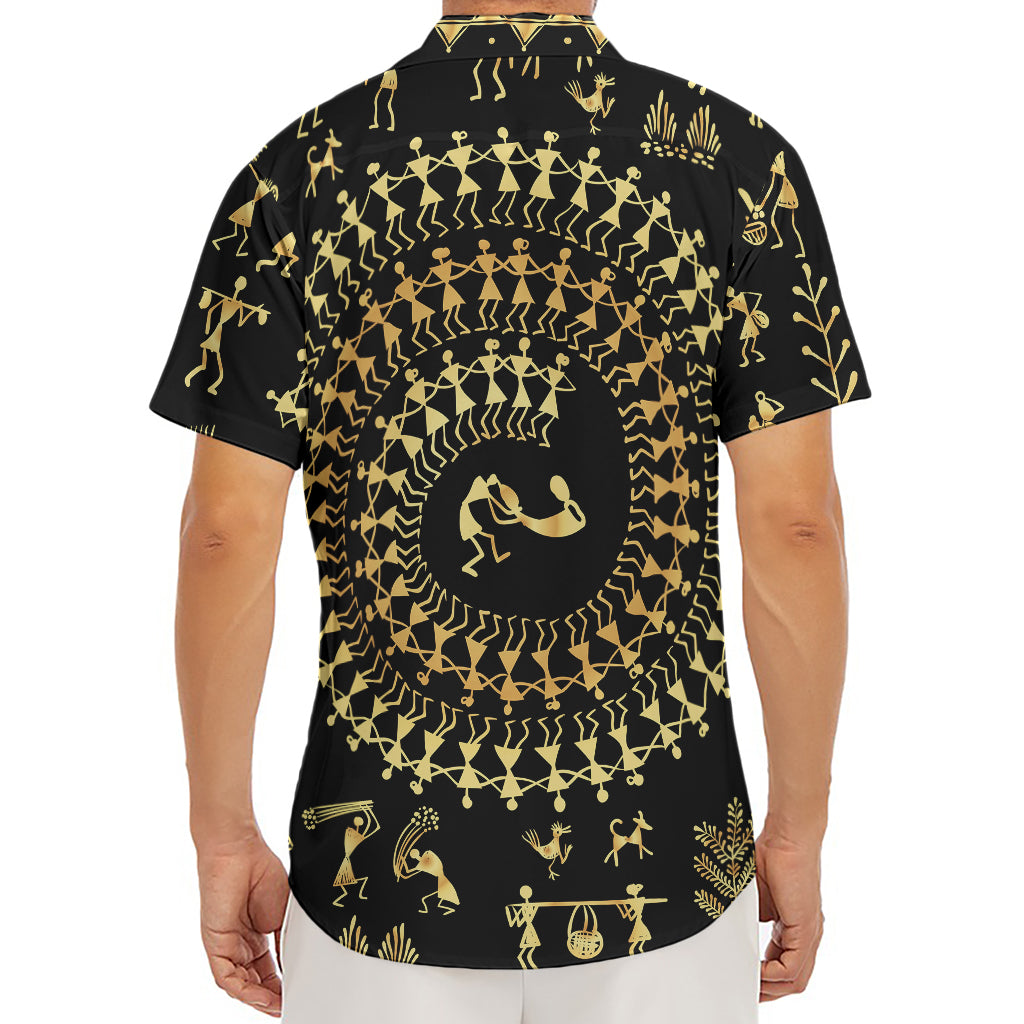 Black And Gold Warli Tribal Print Men's Deep V-Neck Shirt