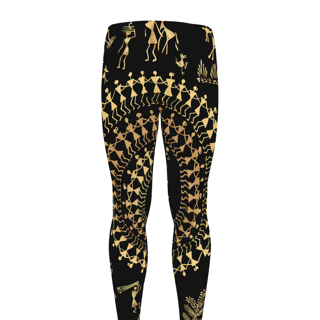 Black And Gold Warli Tribal Print Men's leggings