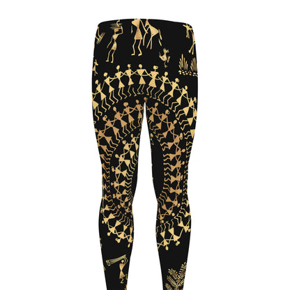 Black And Gold Warli Tribal Print Men's leggings