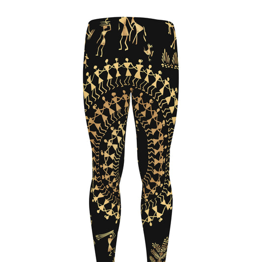 Black And Gold Warli Tribal Print Men's leggings