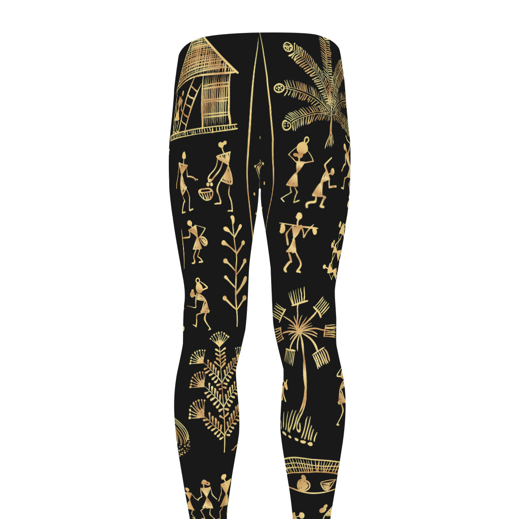 Black And Gold Warli Tribal Print Men's leggings