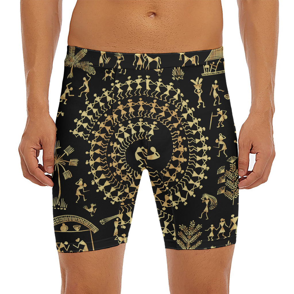 Black And Gold Warli Tribal Print Men's Long Boxer Briefs