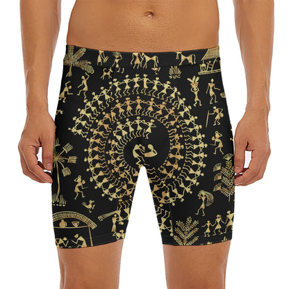 Black And Gold Warli Tribal Print Men's Long Boxer Briefs