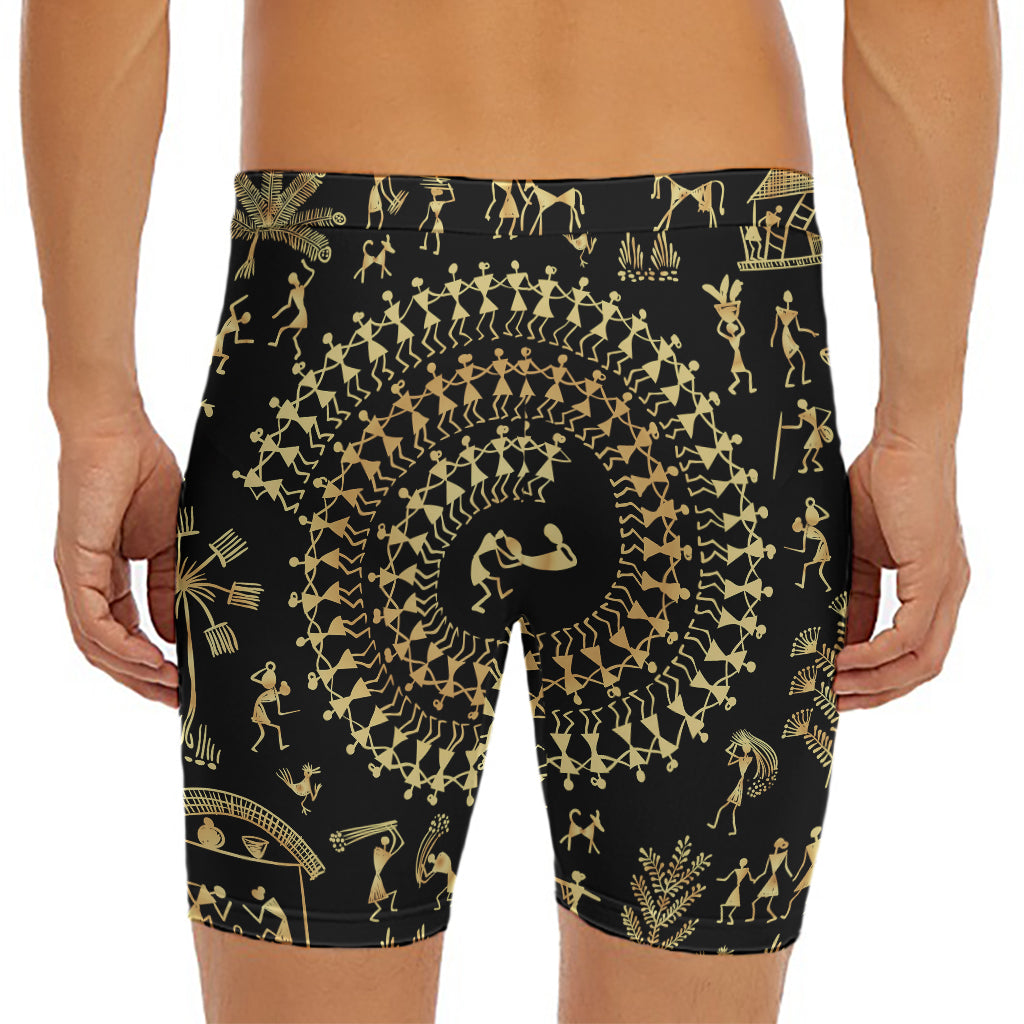 Black And Gold Warli Tribal Print Men's Long Boxer Briefs