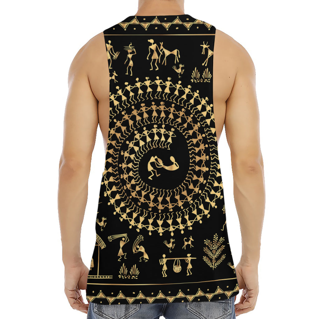 Black And Gold Warli Tribal Print Men's Muscle Tank Top